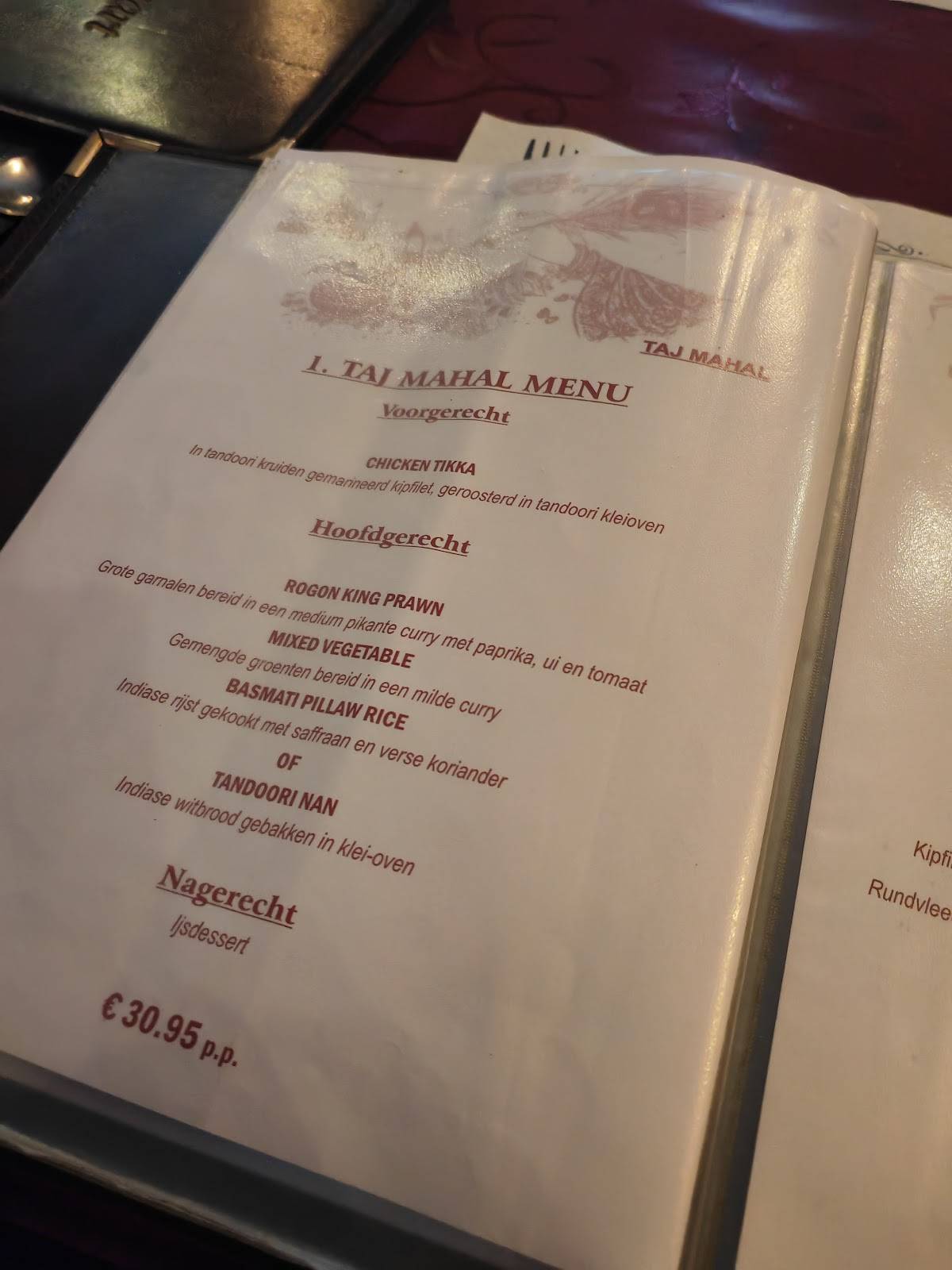 Menu de Taj Mahal