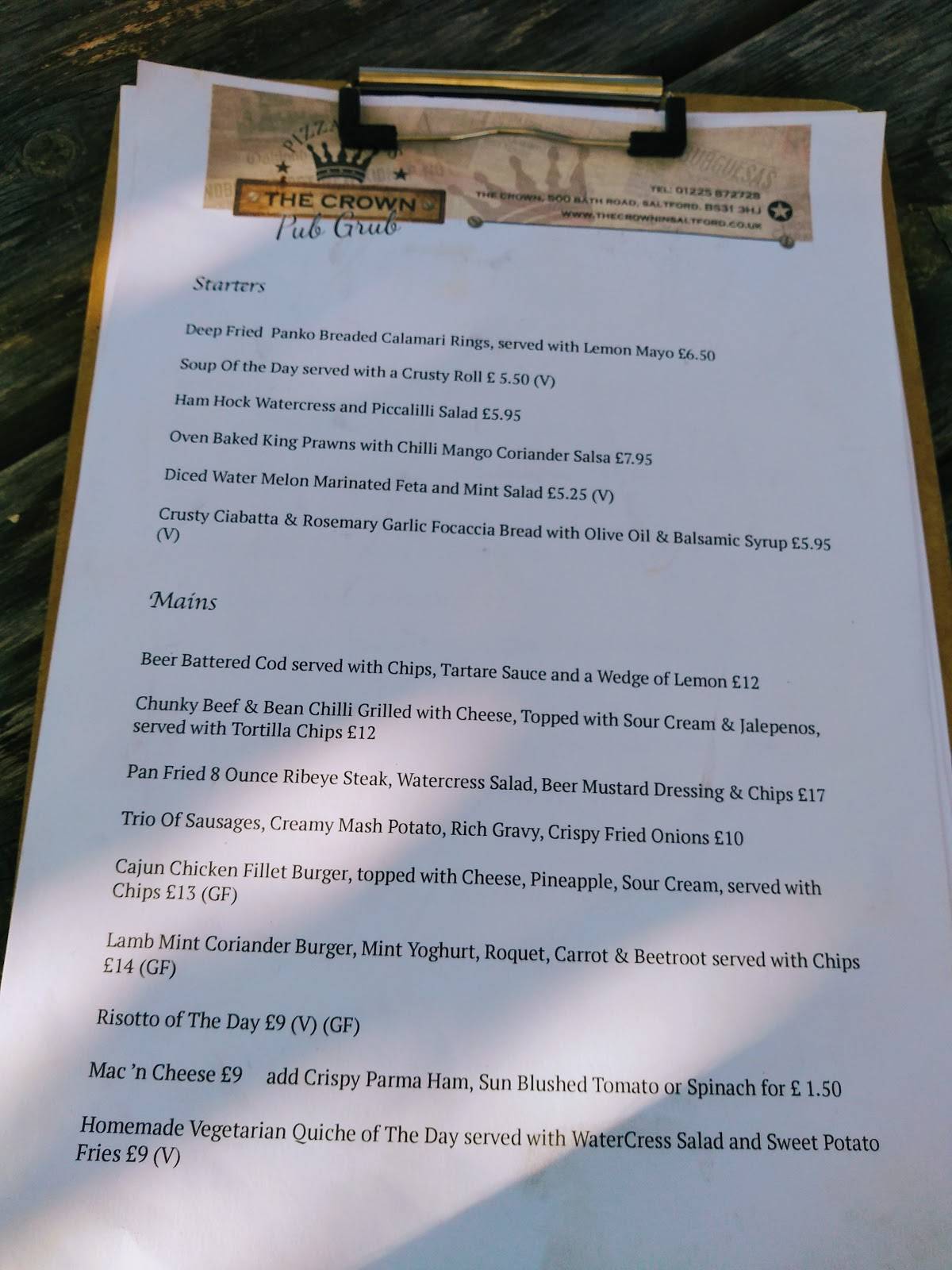 Menu at The Crown In Saltford pub & bar, Bristol, 500 Bath Rd