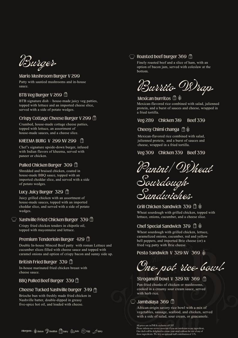 Britain To Bombay 1800 menu