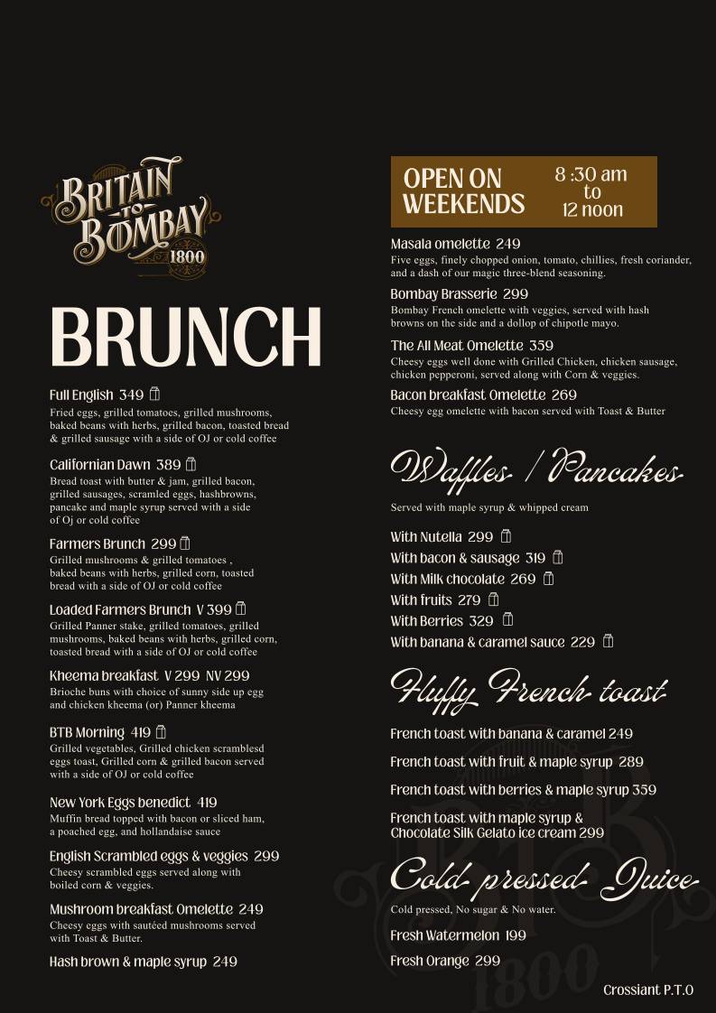 Britain To Bombay 1800 menu