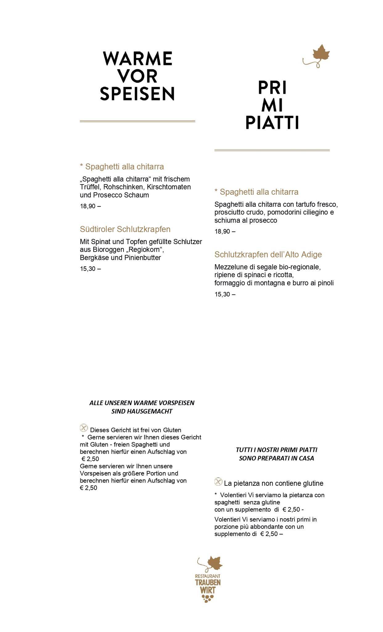 Menu di Ristorante In Die Traube Di Weissensteiner Roman & C. 