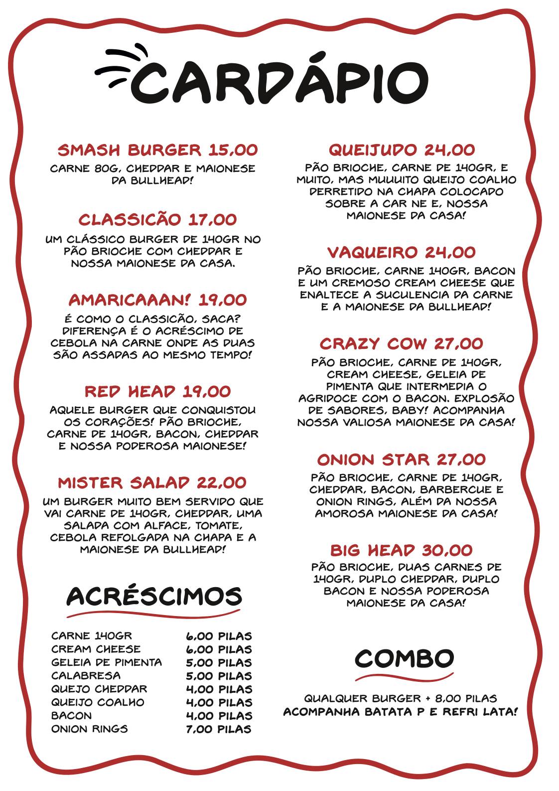 Bullhead Burger cardápio