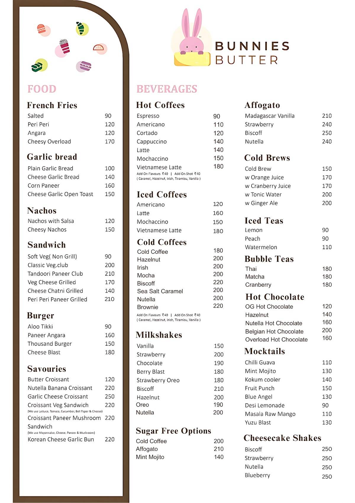 Bunnies Butter Cakes and Pastries Coffee and Beverages Indore menu