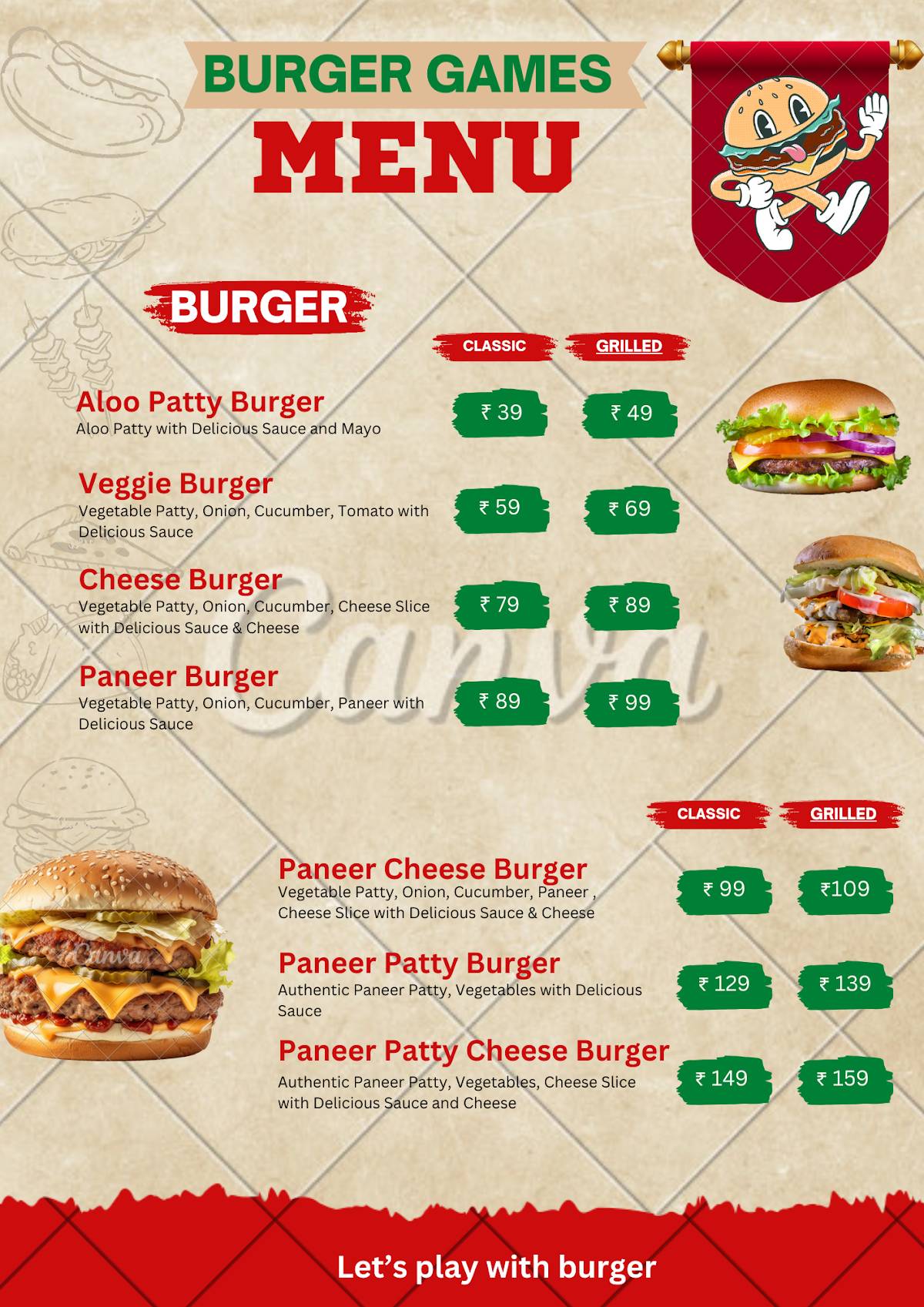 Burger Games menu