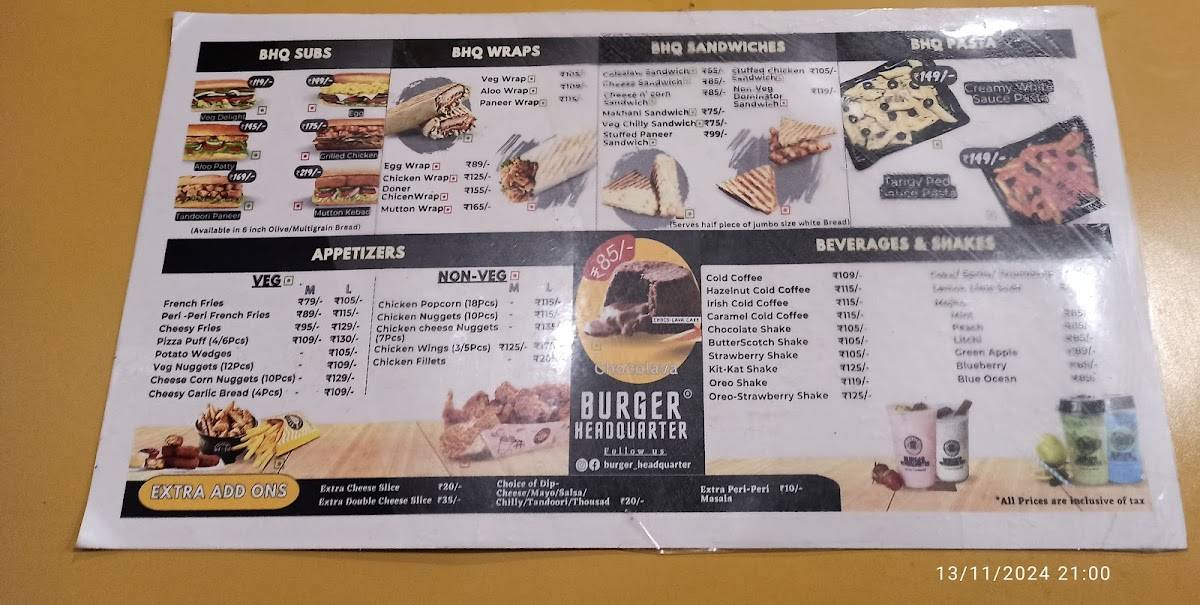 Burger Headquarter, Dewas menu