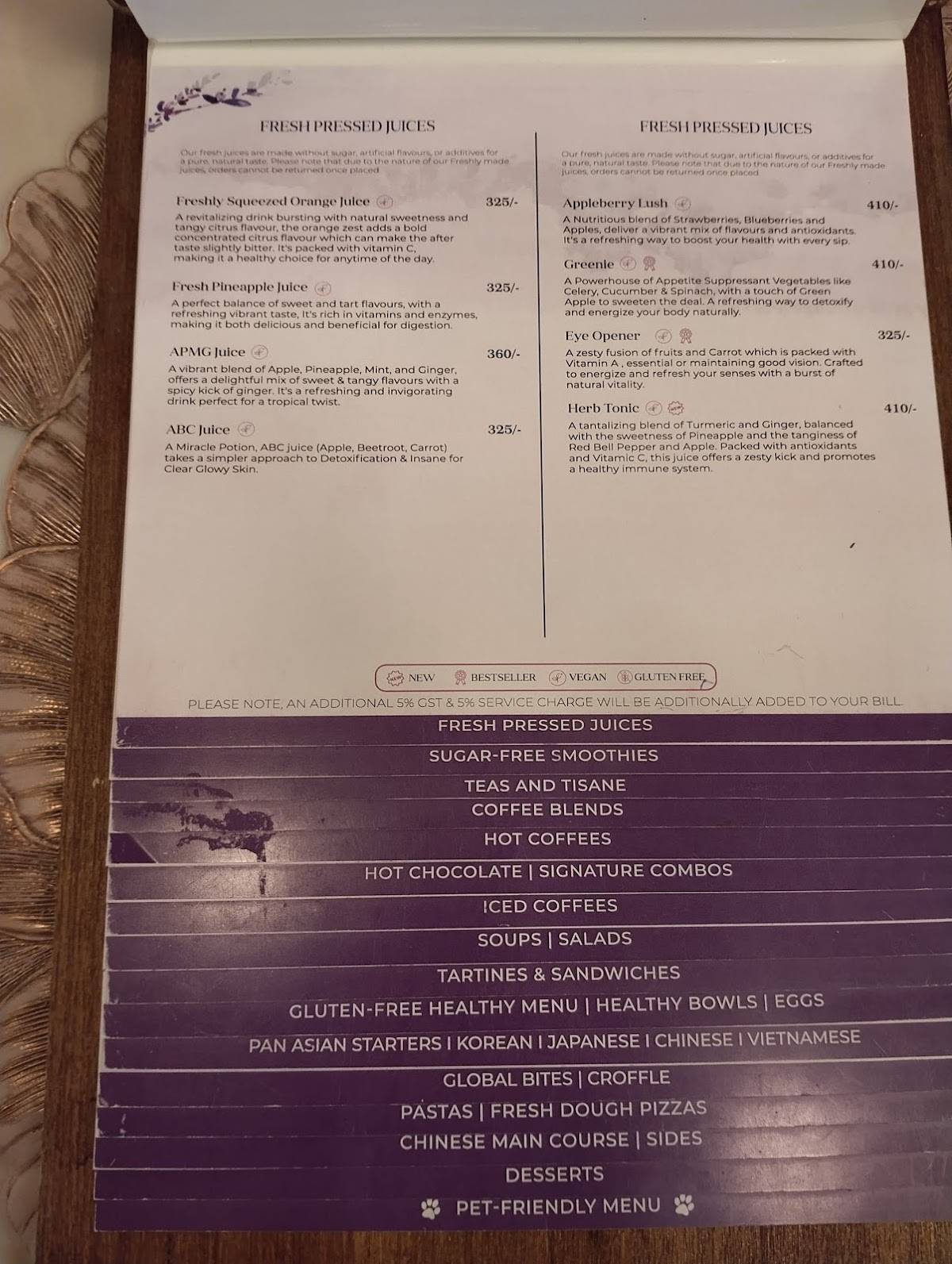 Buttercup Bungalow menu