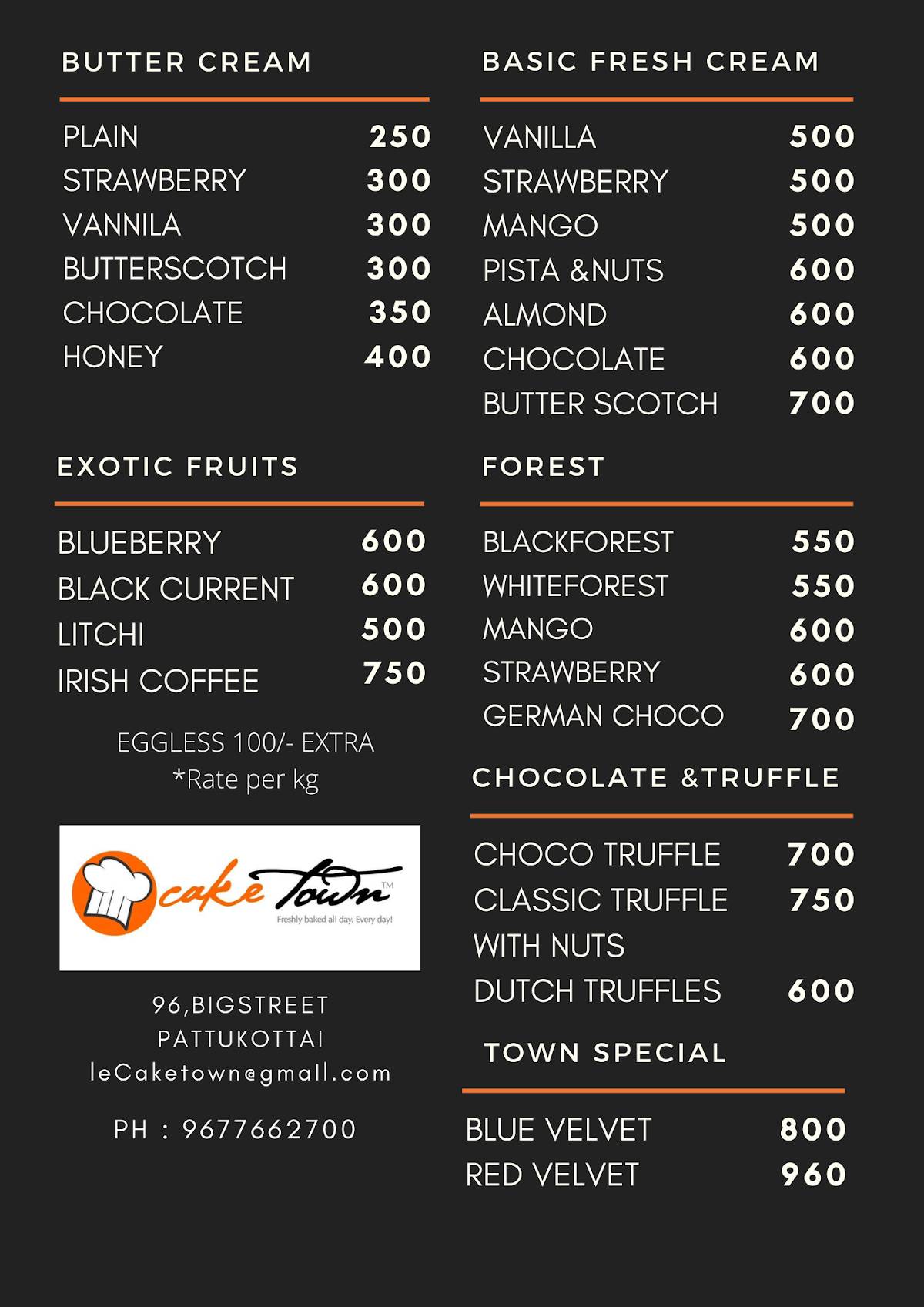 CAKE TOWN menu