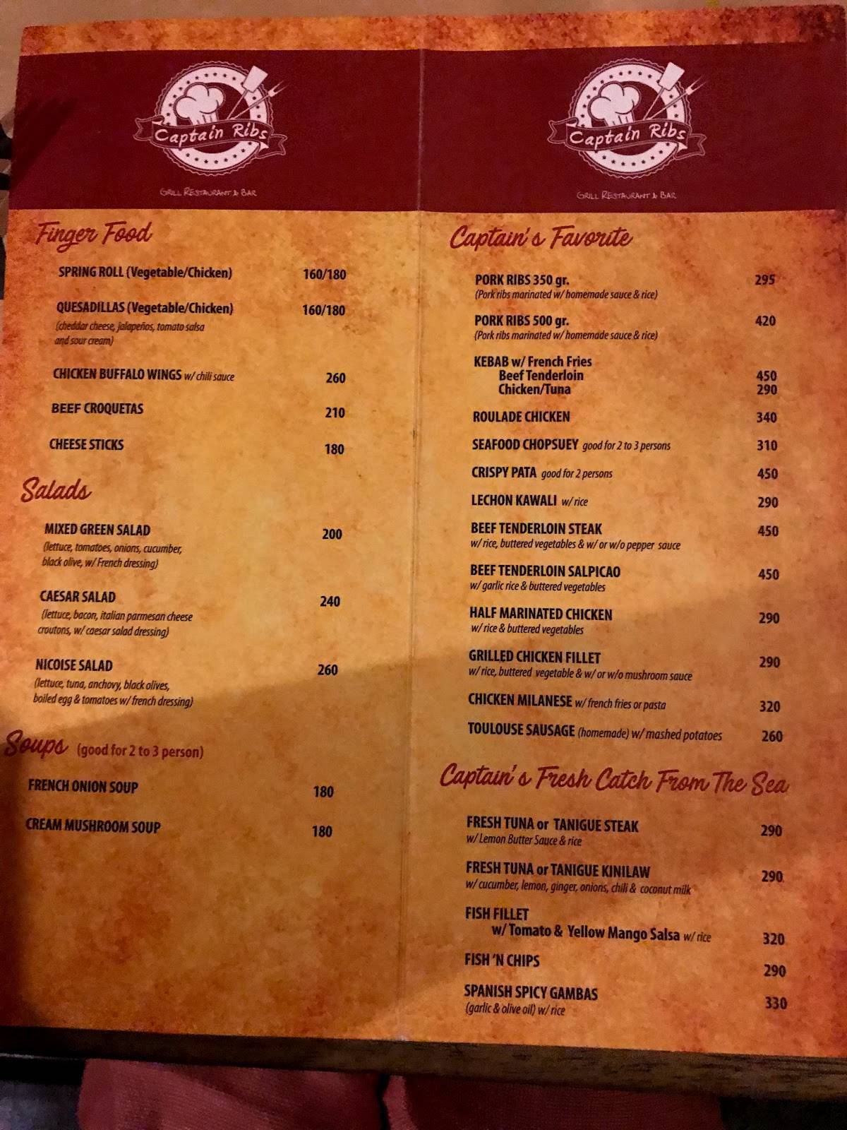 Menu at CAPTAIN RIBS restaurant, Puerto Princesa, BGY