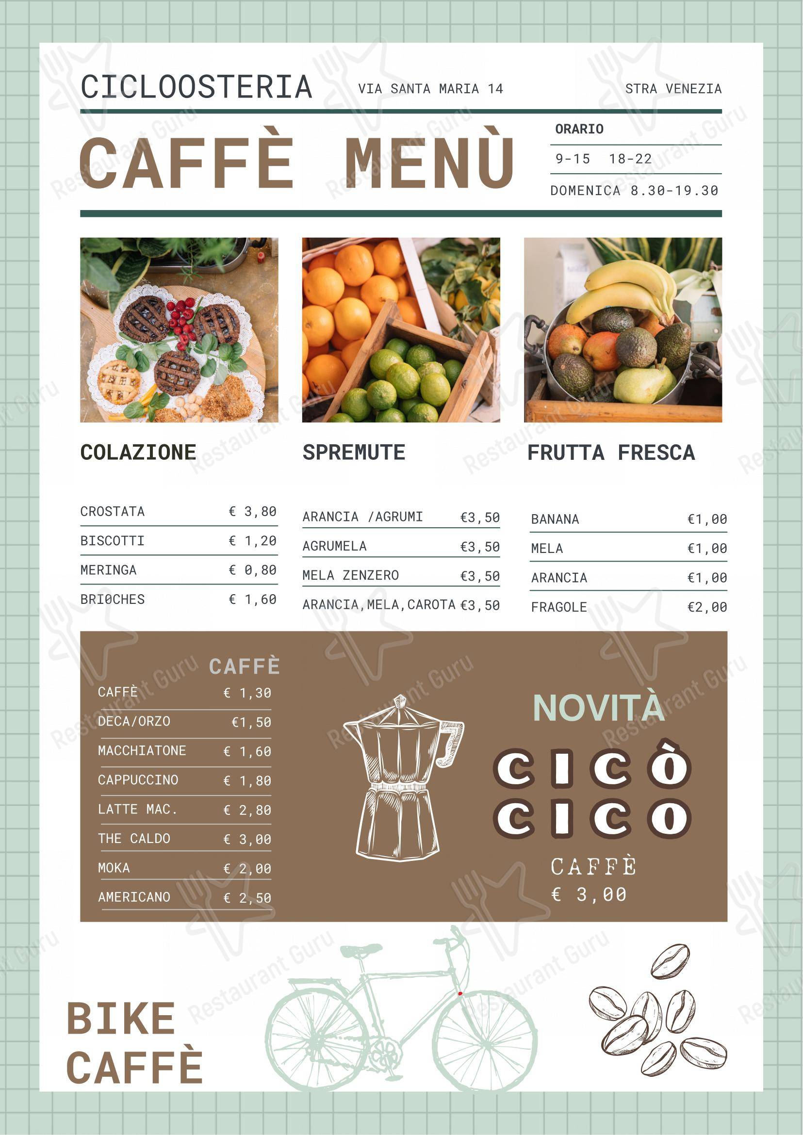 Menu per CICLOOSTERIA - Food&Rent Bike Repair ristorante