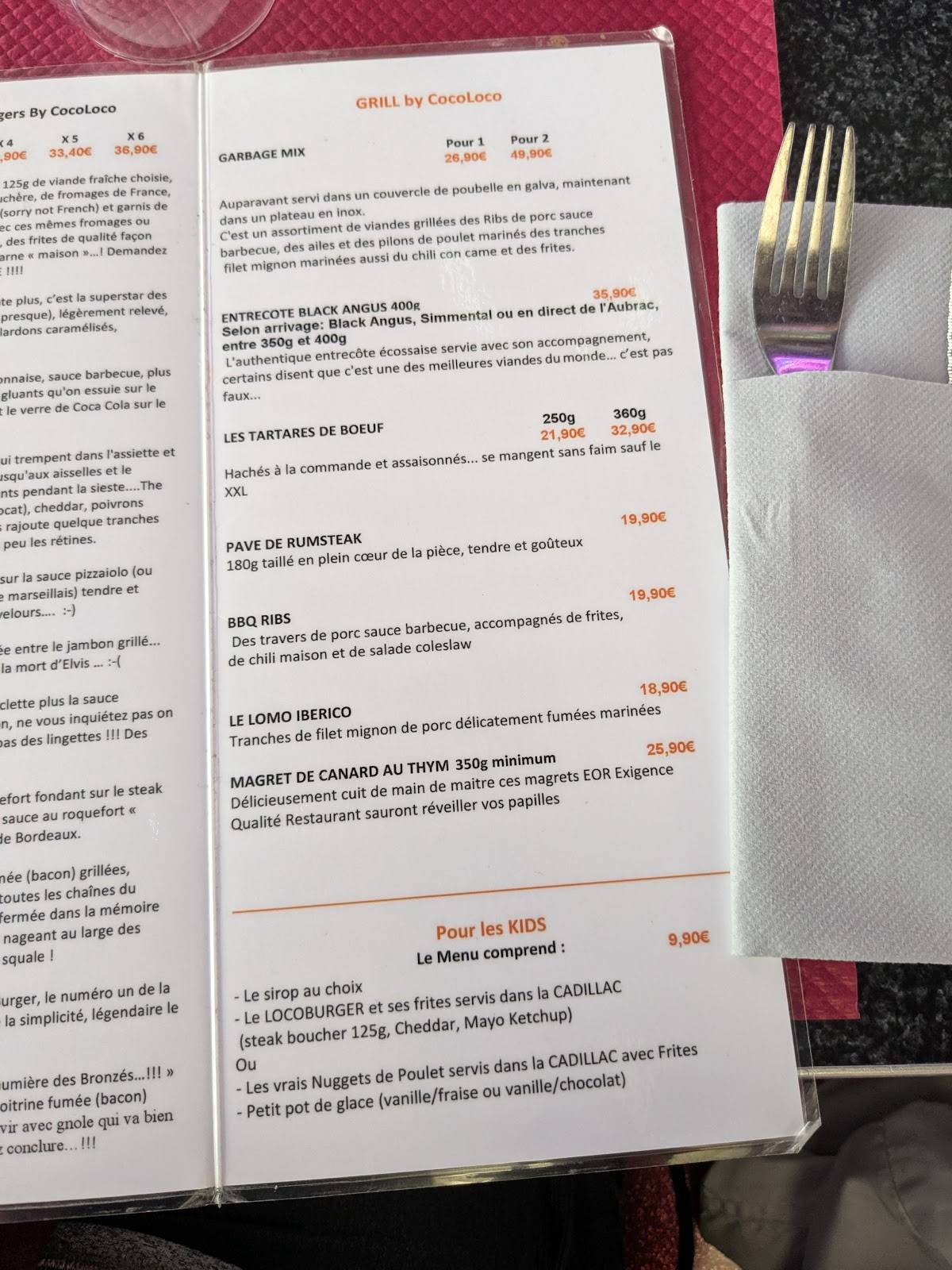 Menu de COCO LOCO Plan de Campagne
