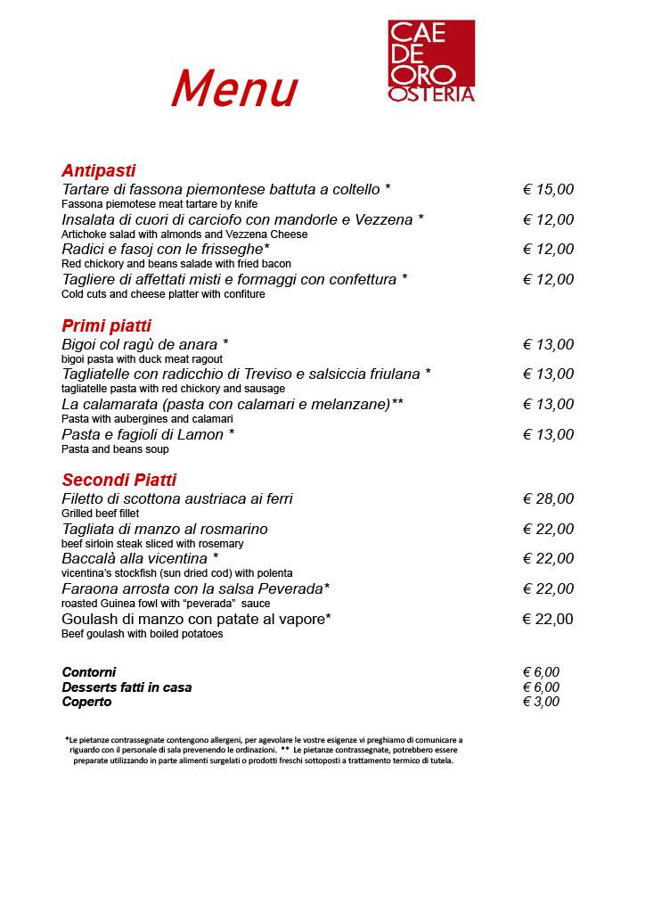 Menu di Cae de Oro 