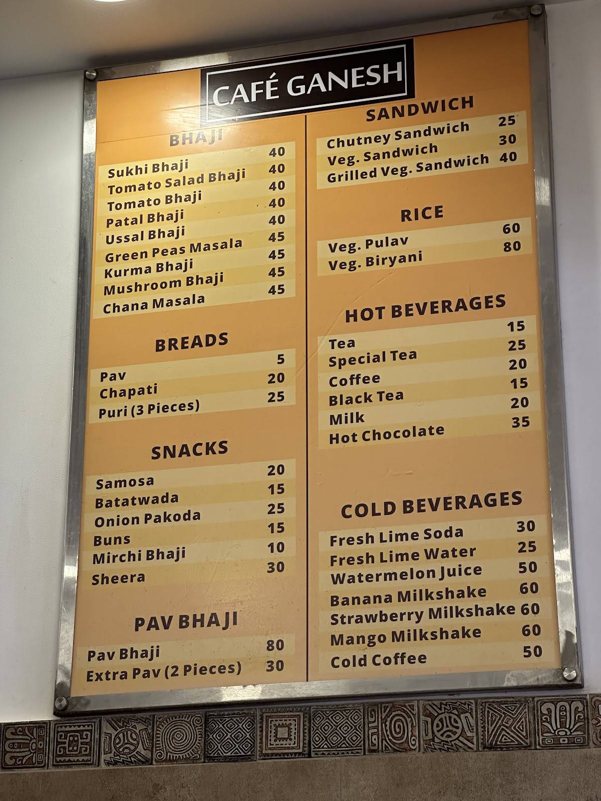 Cafe Ganesh good breakfas and tea and coffee menu