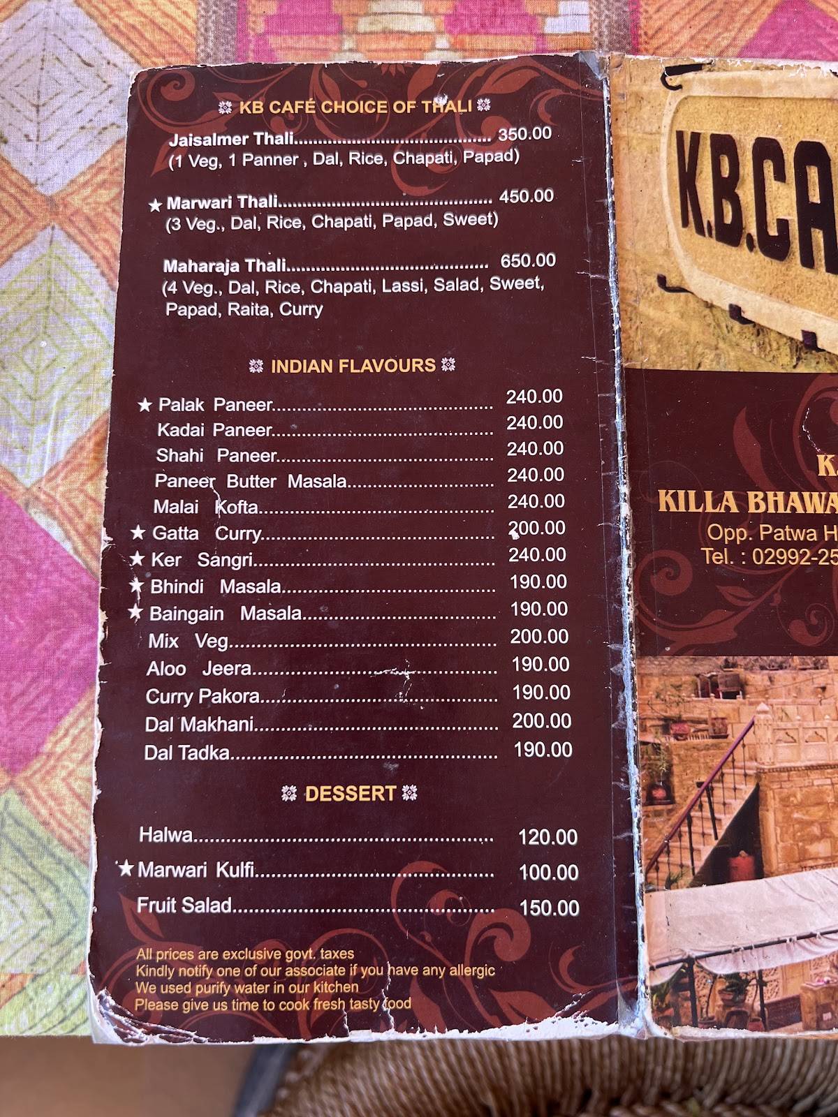 KB Café Jaisalmer menu