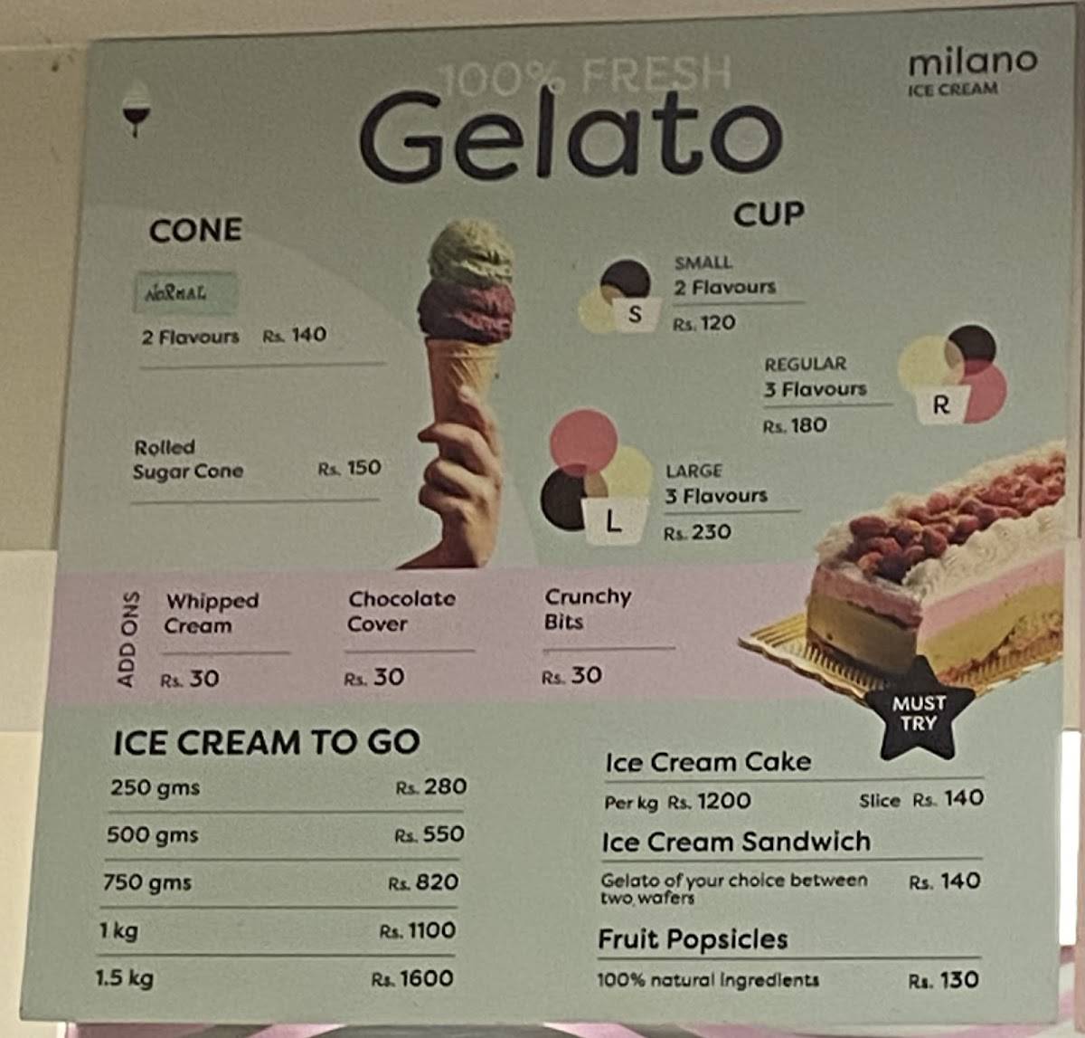 Milano Ice Cream menu