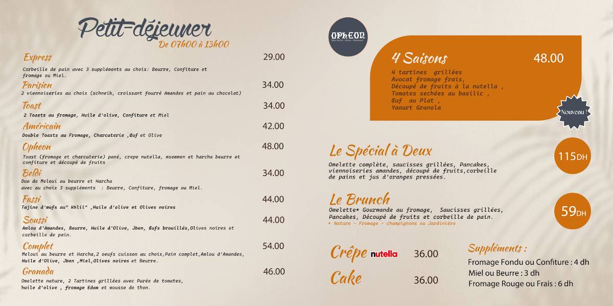 Menu de Opheon : Café, Restaurant, Pâtisserie & Glacier