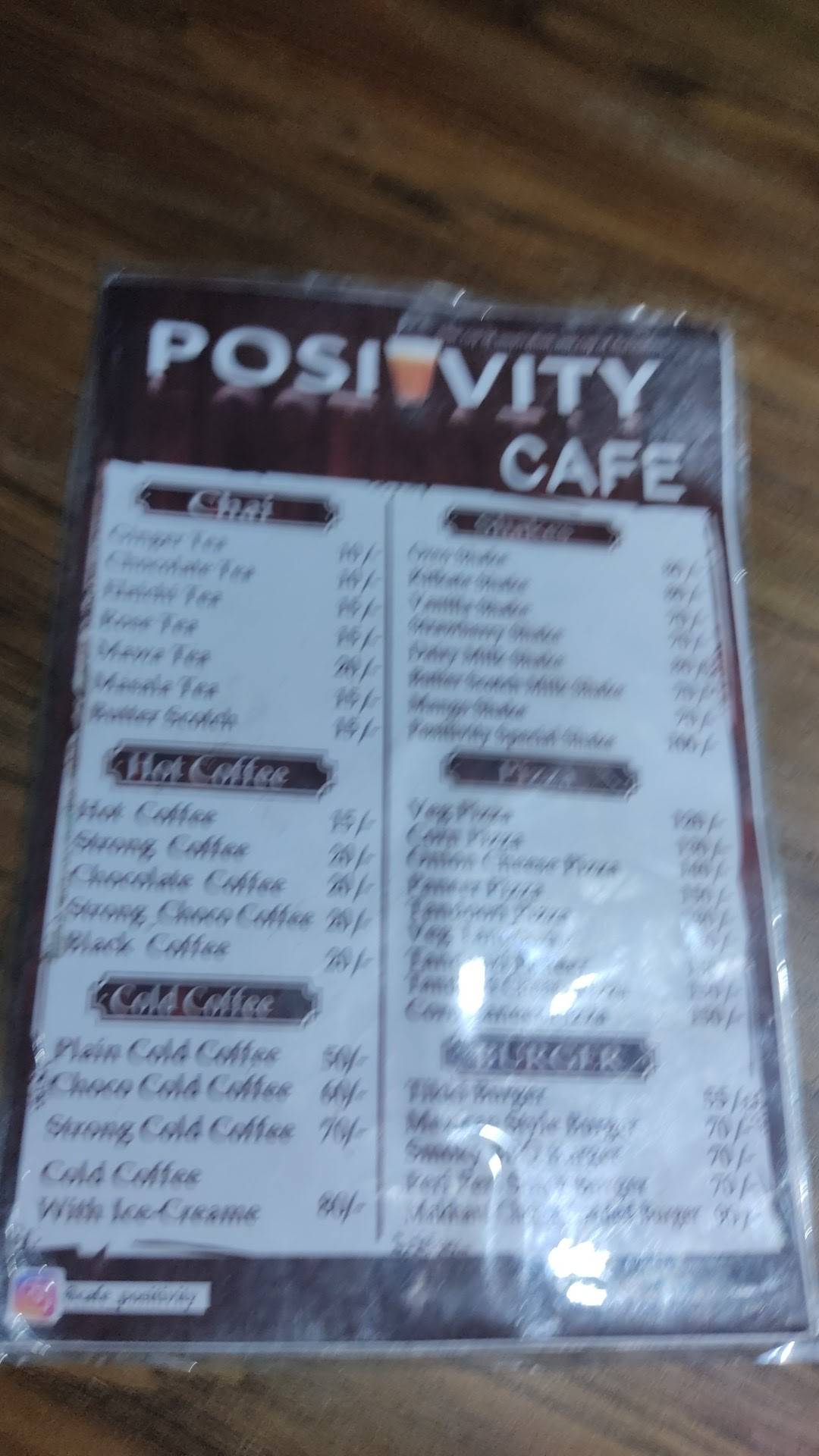 Positivity Cafe menu