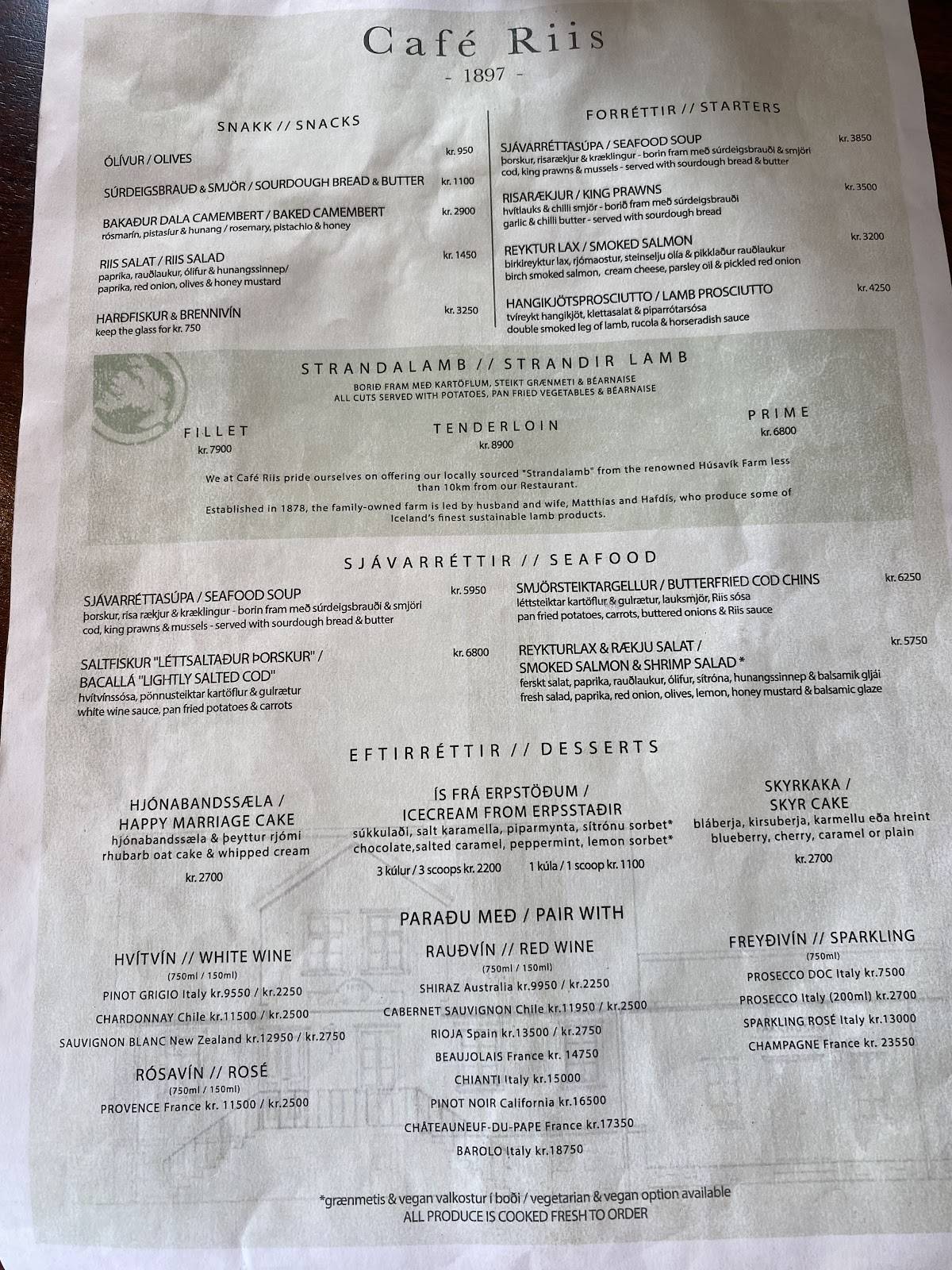 Menu de Café Riis Hólmavík