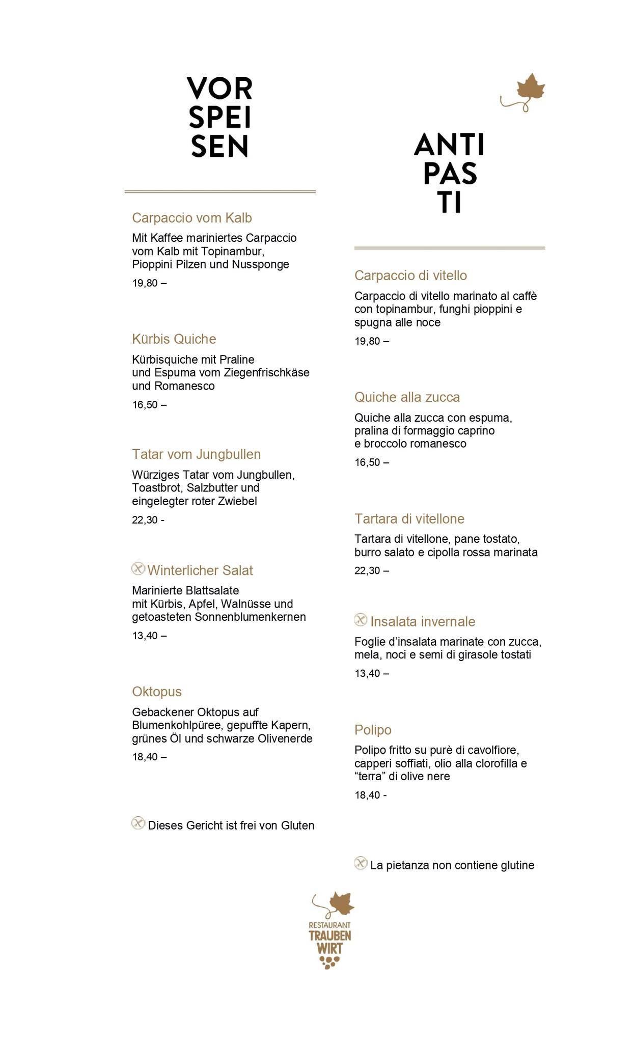 Menu di Ristorante In Die Traube Di Weissensteiner Roman & C. 