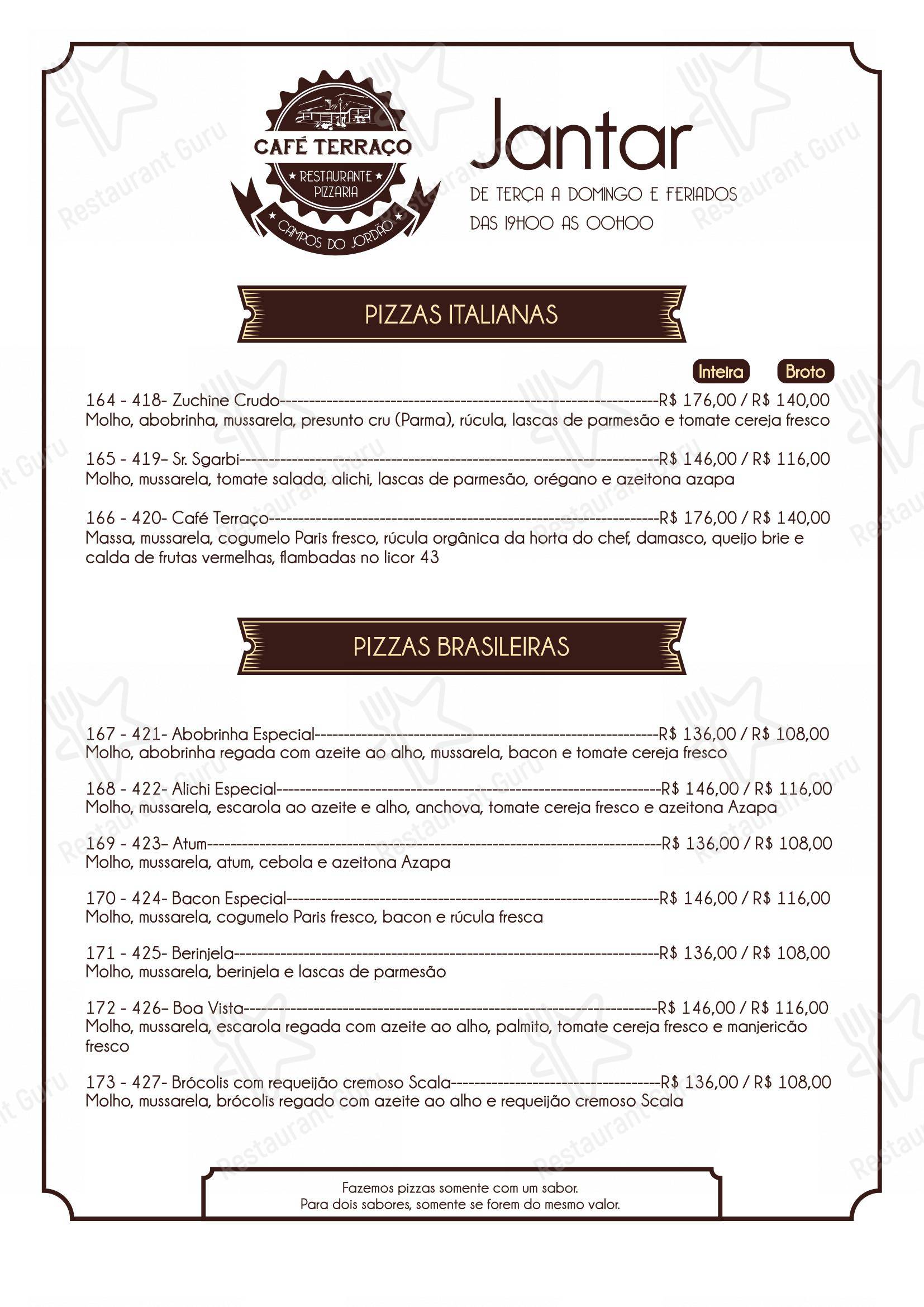 Menu bar para Café Terraço Pizzaria Artesanal e Bistrô em Campos do Jordão