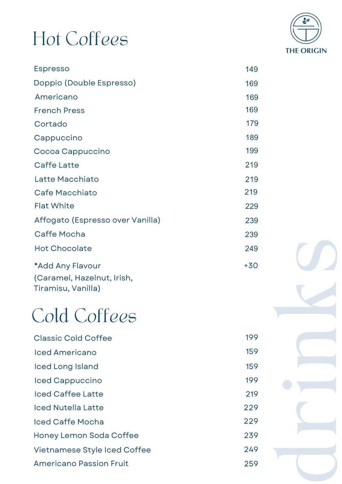Cafe The Origin menu