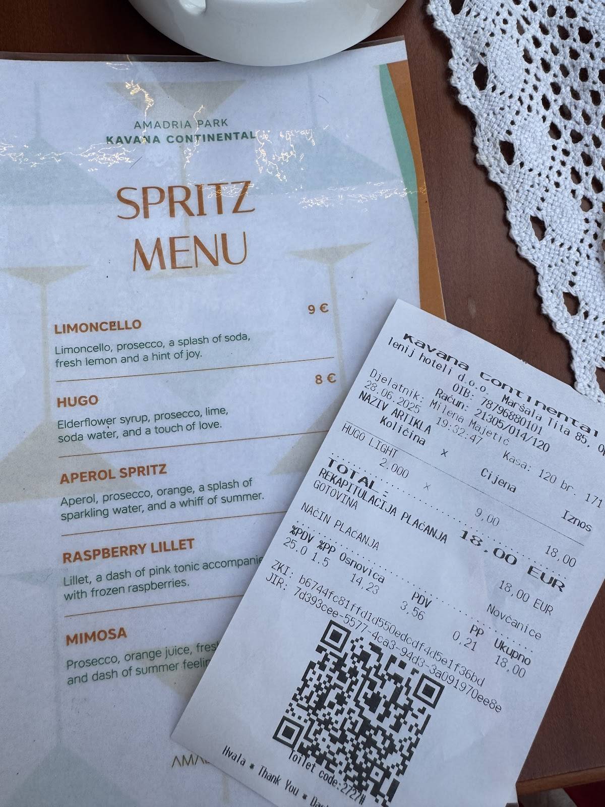 Menu di Caffé Continental 