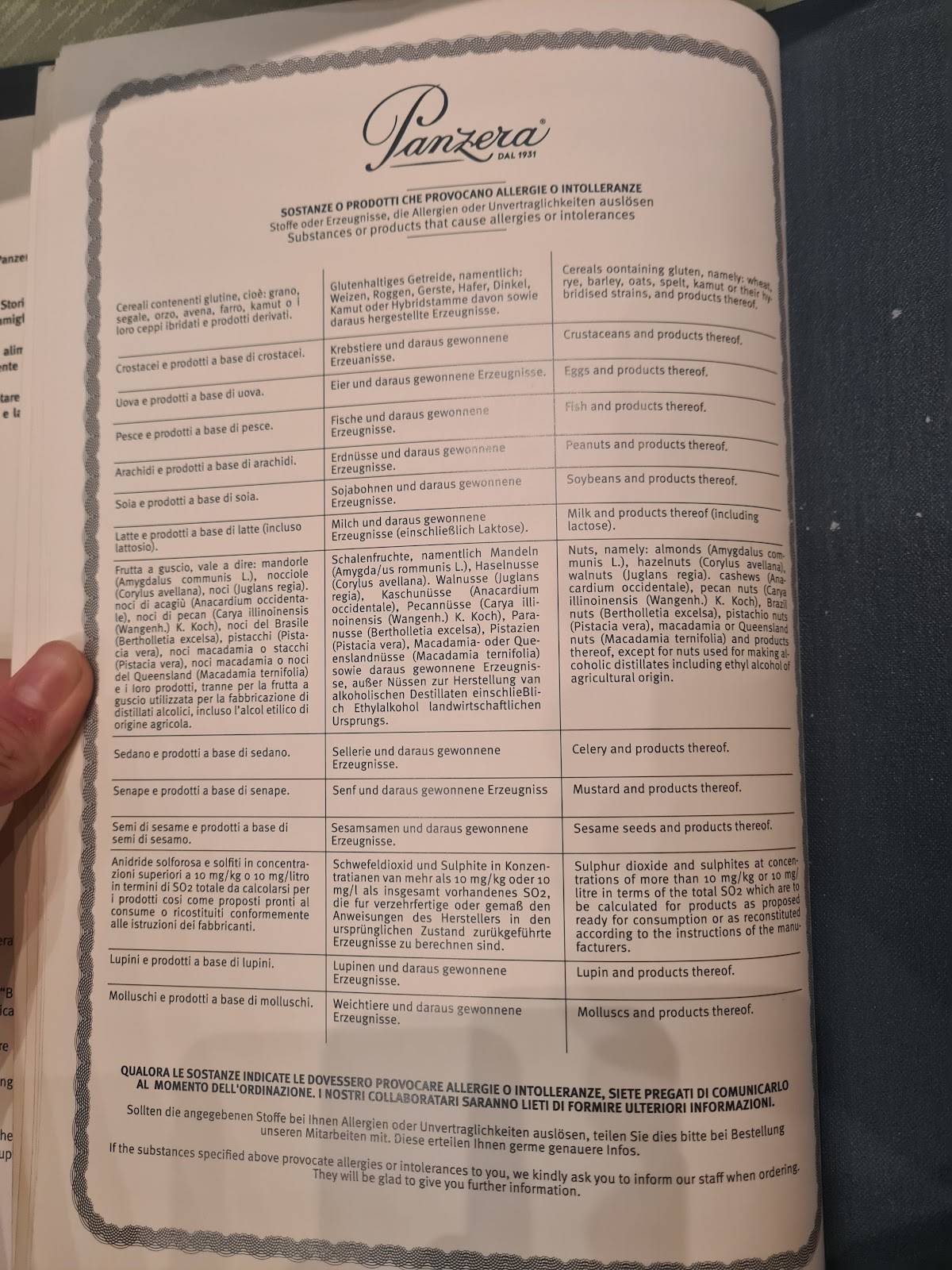 Menu di Caffè Panzera dal 1931 