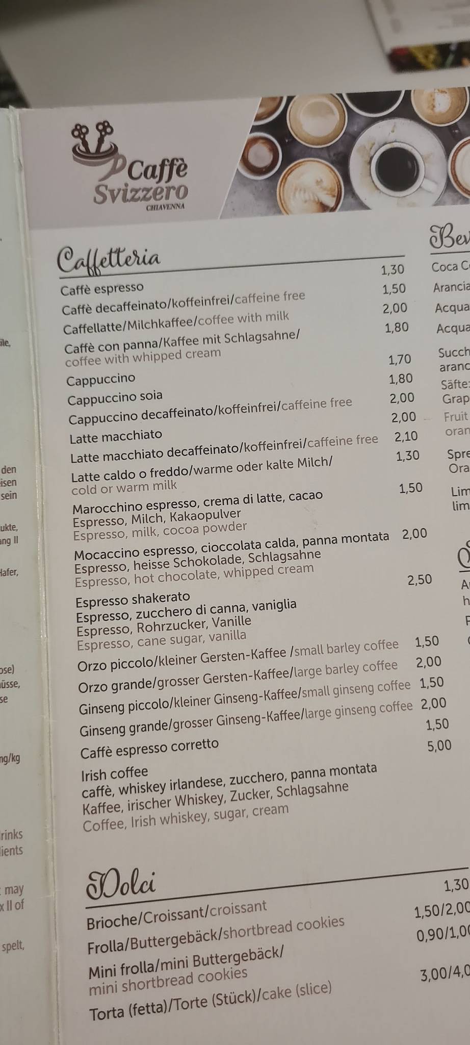 Menu di Caffé Svizzero 
