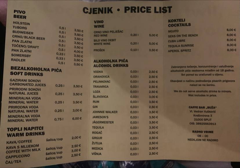 Menu di Caffe bar Buža 