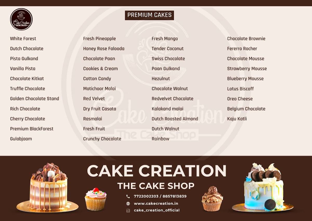 Cake Creation The Cake Shop menu