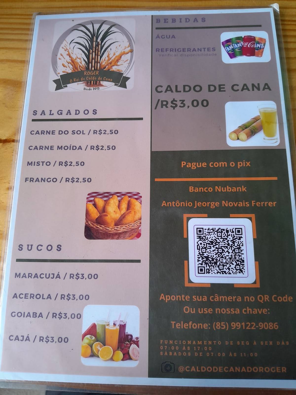 Caldo de Cana do Roger cardápio
