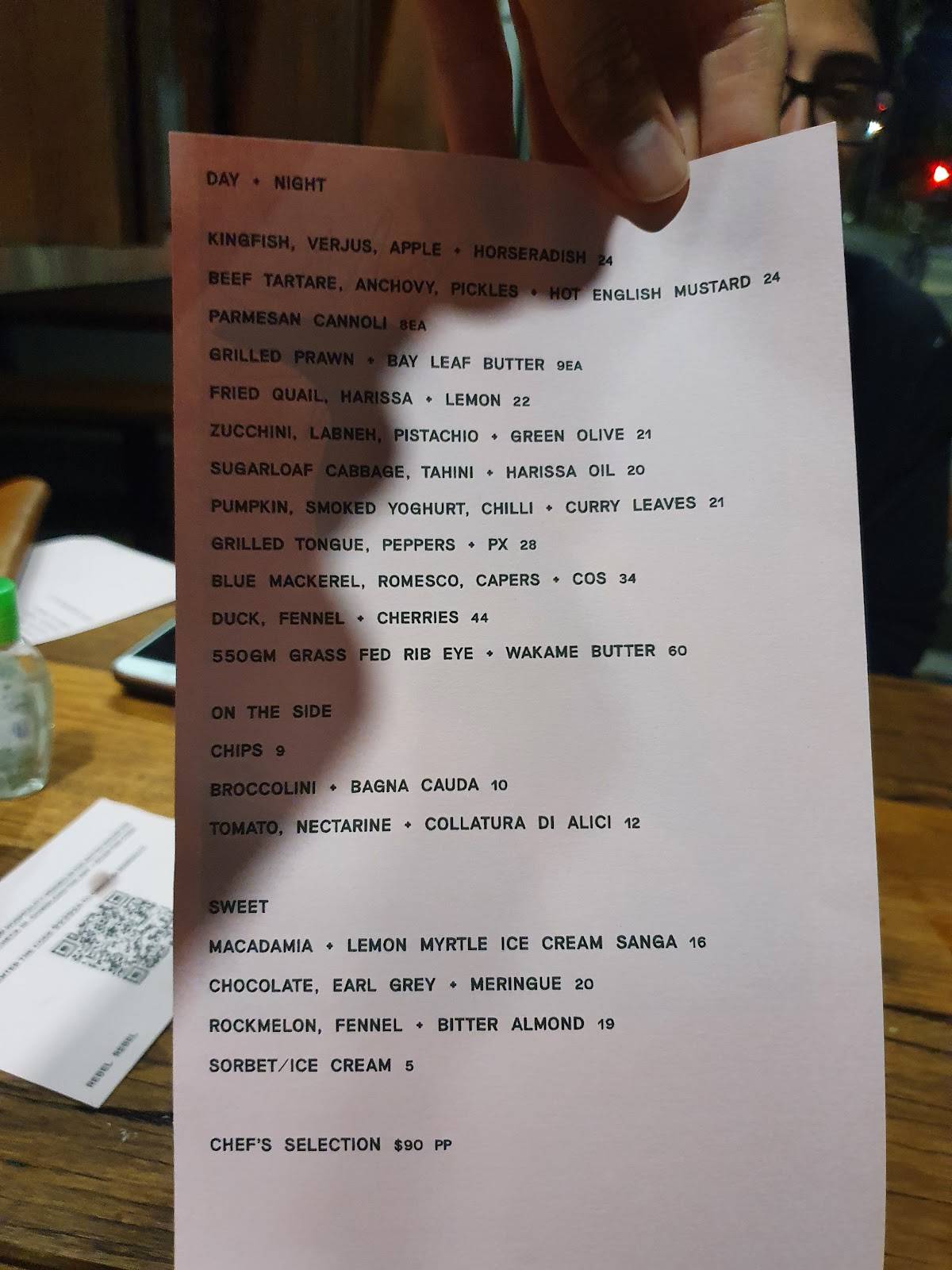 Menu at Rebel Rebel restaurant, Canberra