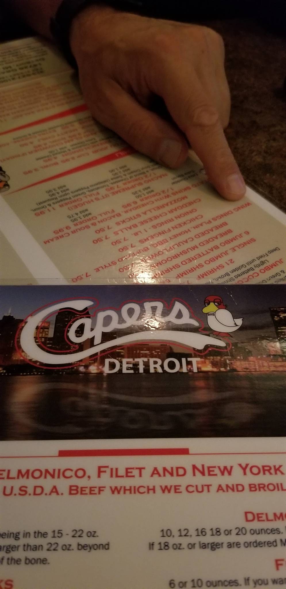 Menu at Capers steakhouse, Detroit