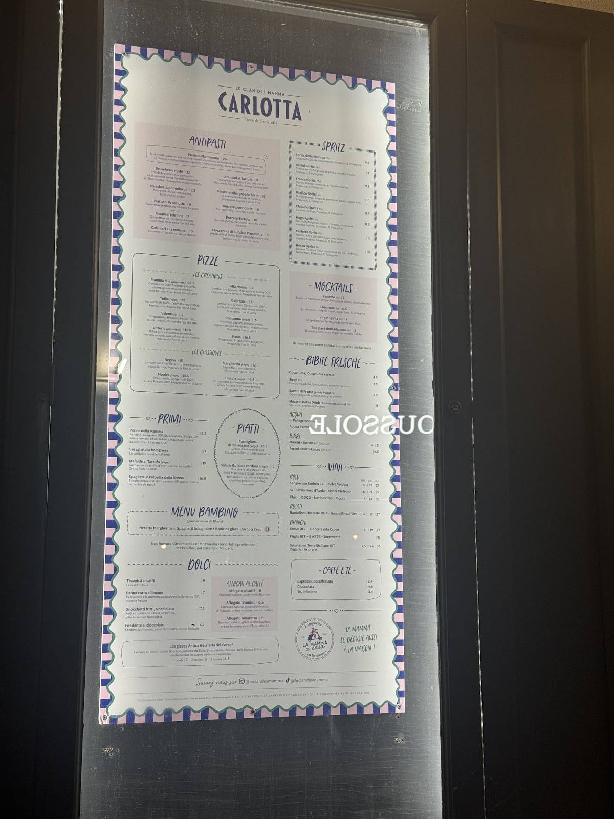 Menu de Carlotta - Le Clan des Mamma, Pizzas & Cocktails - La Rochelle