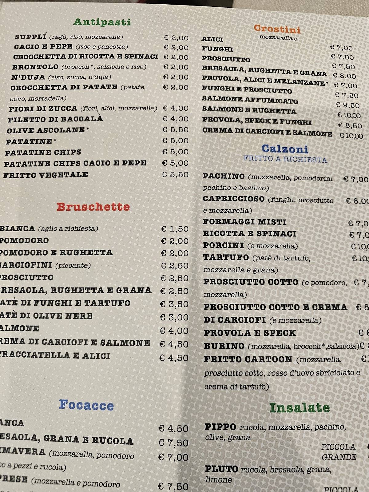 Menu di Cartoon Pizzeria 
