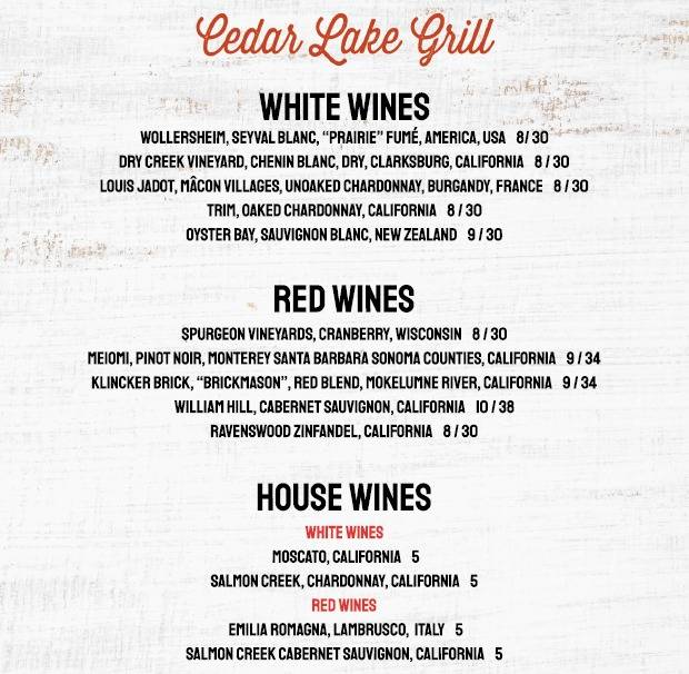 Menu at Cedar Lake Grill pub & bar, Mikana, 27th St