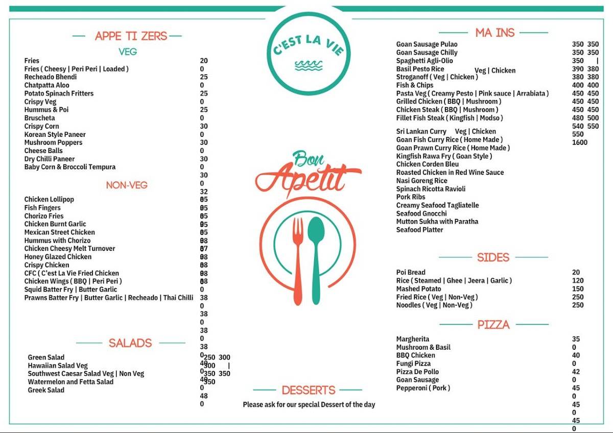 C’est La Vie Goa menu