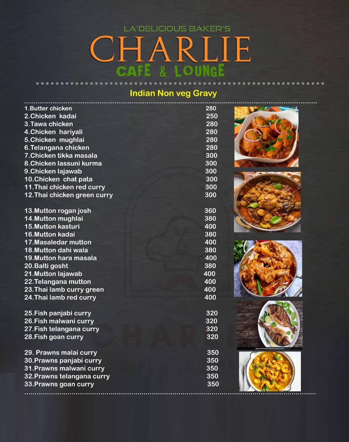 Charlie Cafe & Lounge menu
