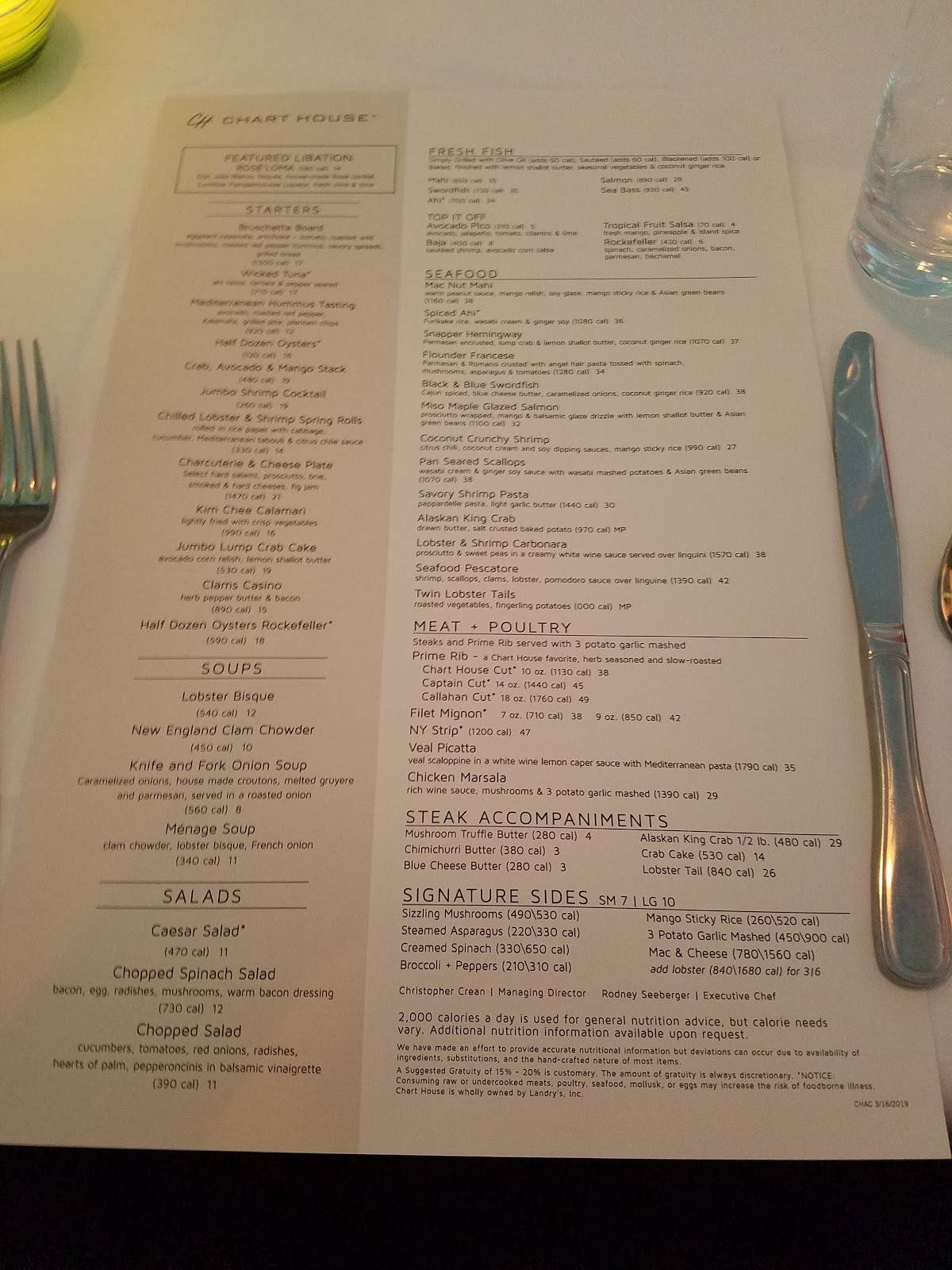 Menu at Chart House steakhouse, Atlantic City
