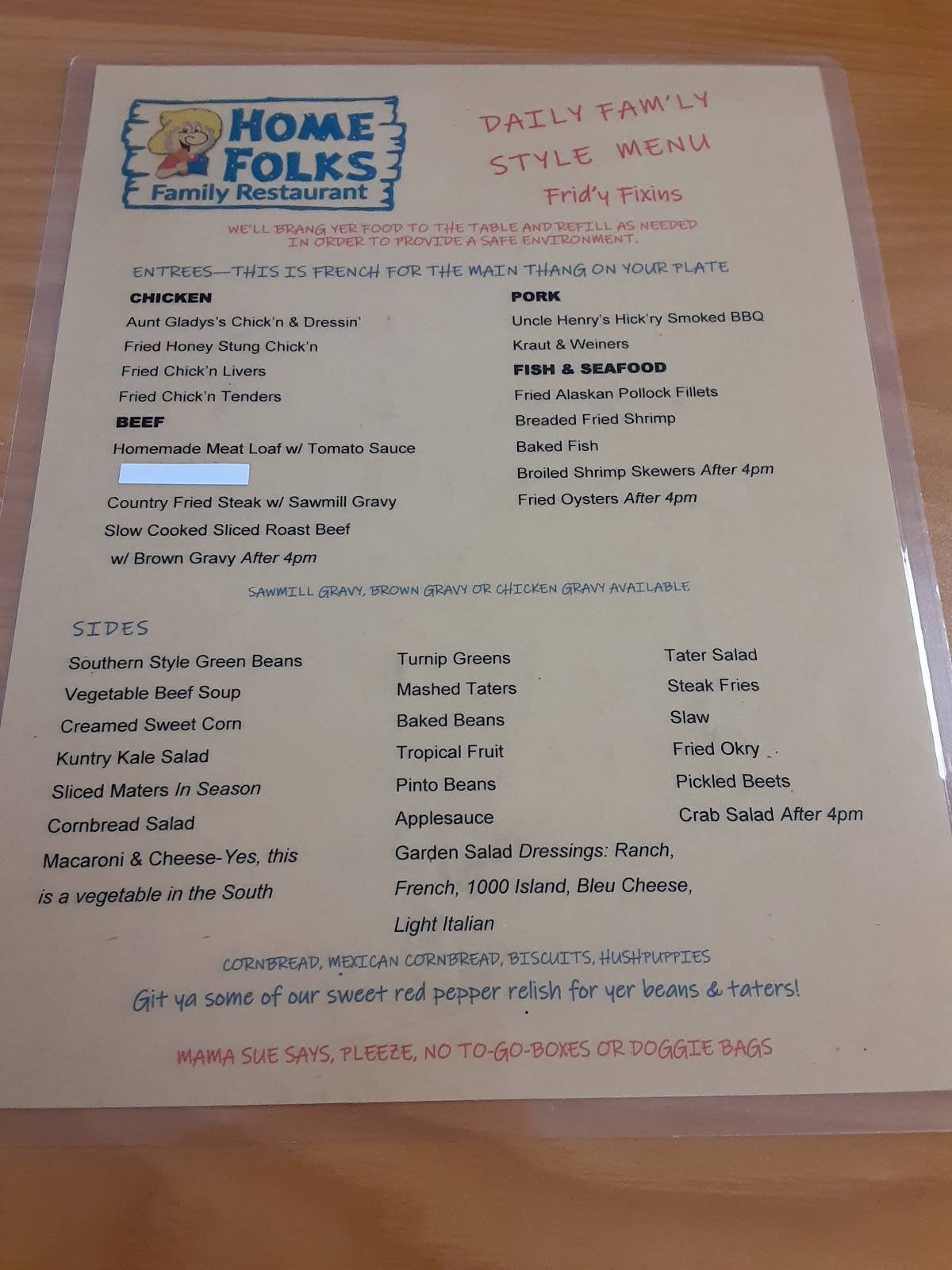 Menu at Home Folks Family Restaurant, SoddyDaisy