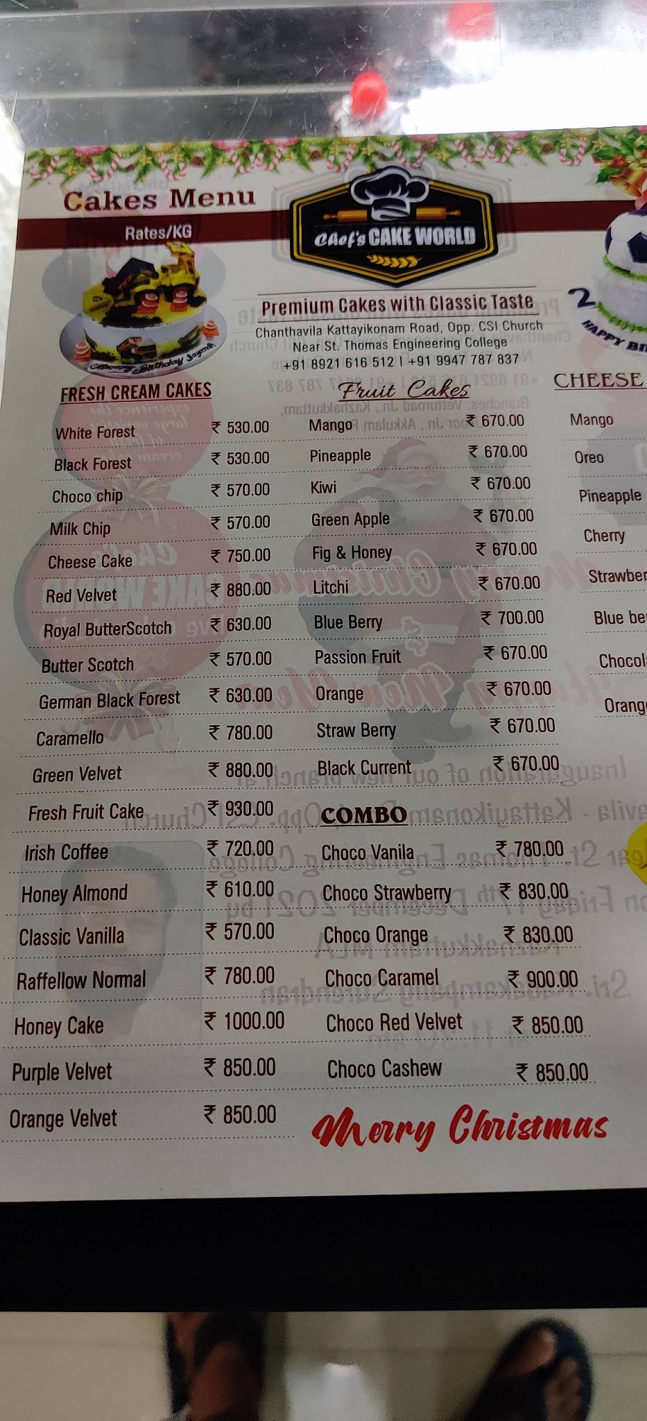 Chef's Cake World menu