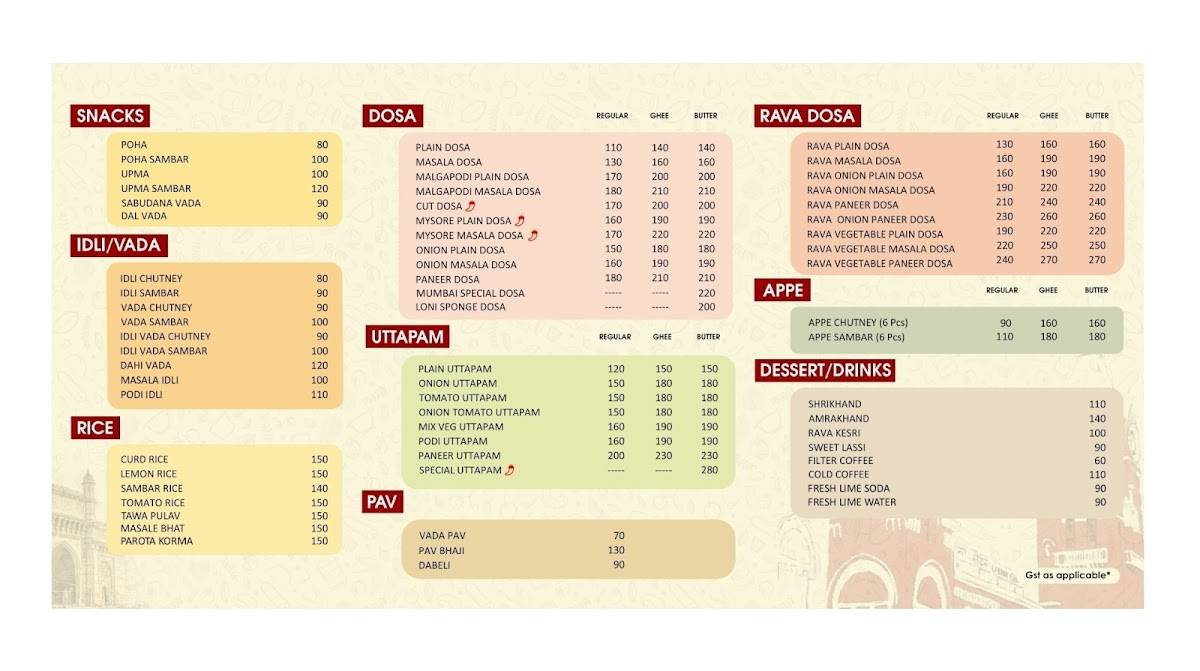 Chennai Maratha menu