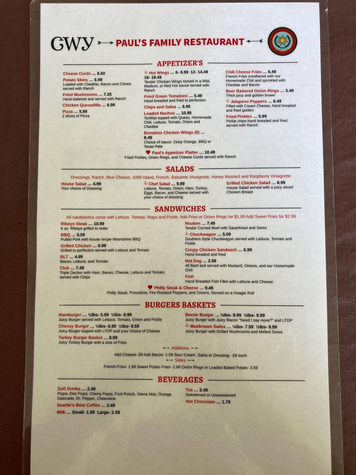 Menu at Paul's Family Restaurant, Cherokee