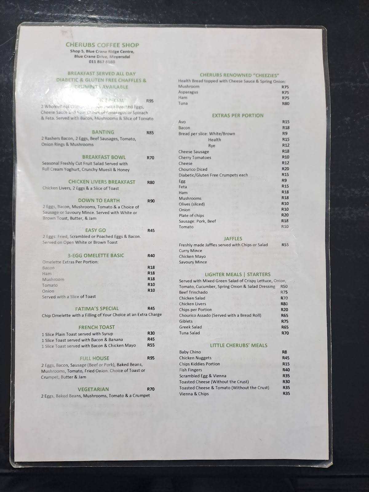 Menu at Cherubs cafe, New Redruth