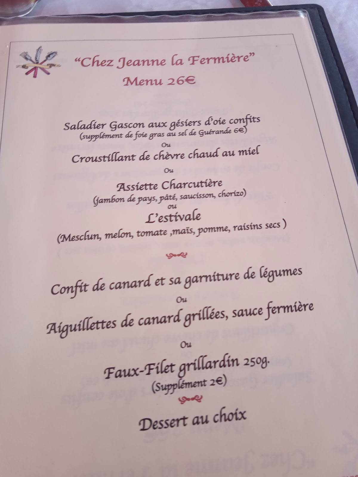 Menu de Chez Jeanne La Fermière