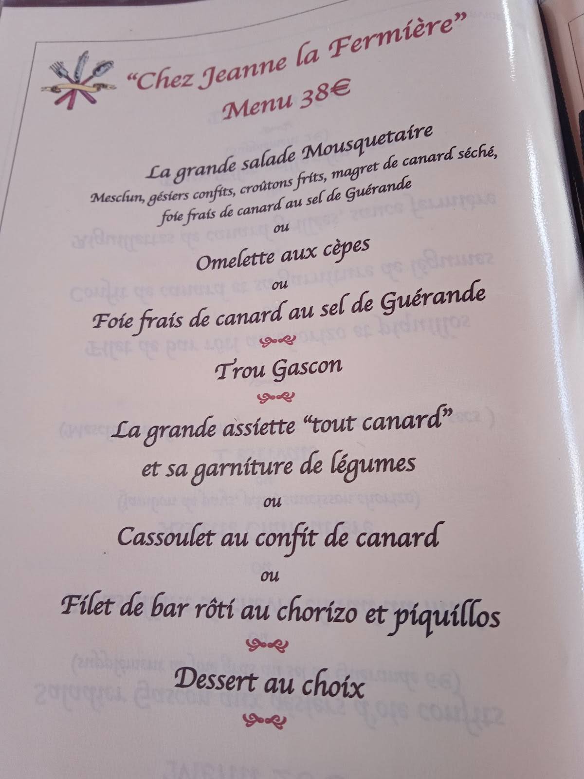 Menu de Chez Jeanne La Fermière