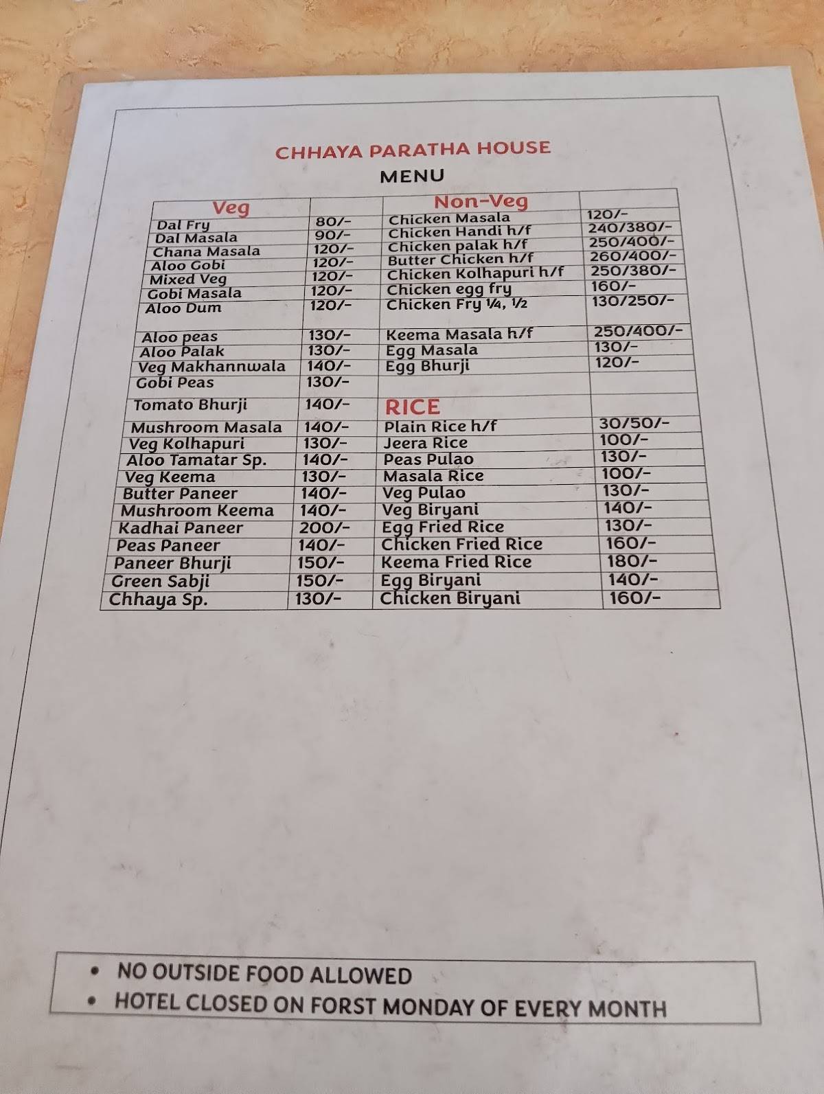 Chhaya Paratha House menu