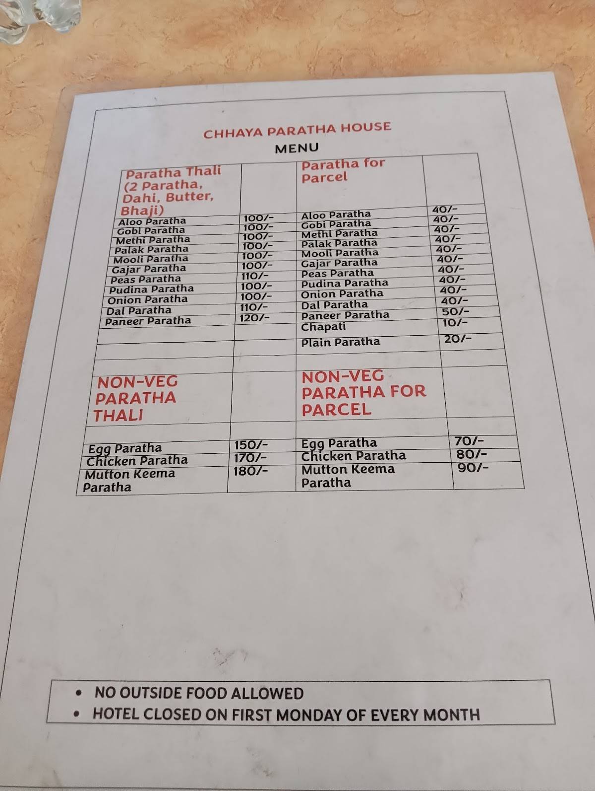 Chhaya Paratha House menu
