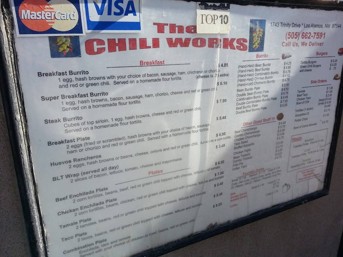 Menu at Chili Works restaurant, Los Alamos, Trinity Dr