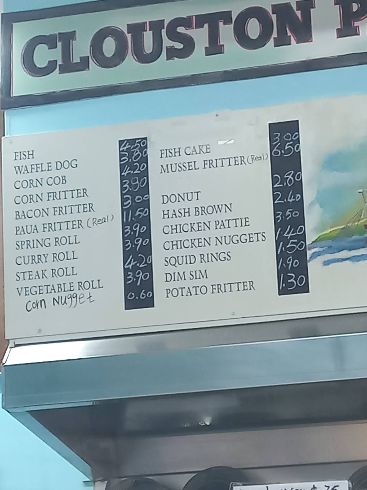 Menu at Clouston Park Fisheries Fish & Chips restaurant, Upper Hutt
