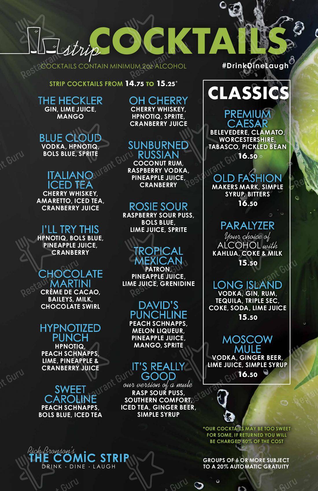 Menu at Rick Bronson's - The Comic Strip club, Edmonton